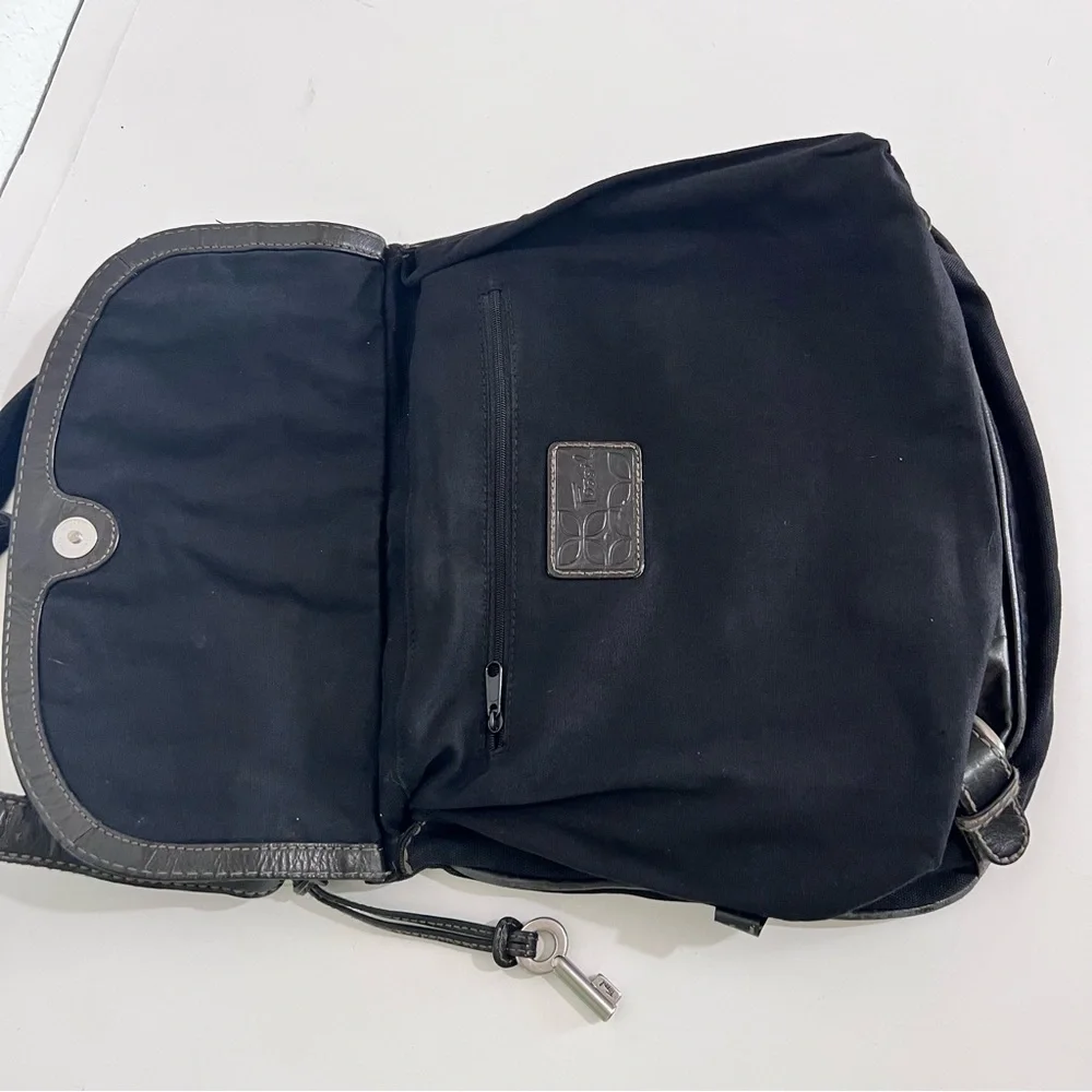 Fossil Black Leather & Canvas Messenger Crossbody Bag Purse Unisex